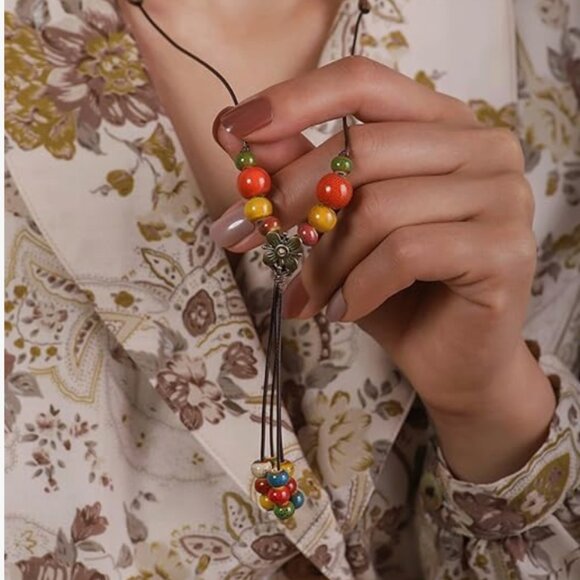 Floral Necklace Bohemian Ceramic Bead Style - Picture 1 of 5